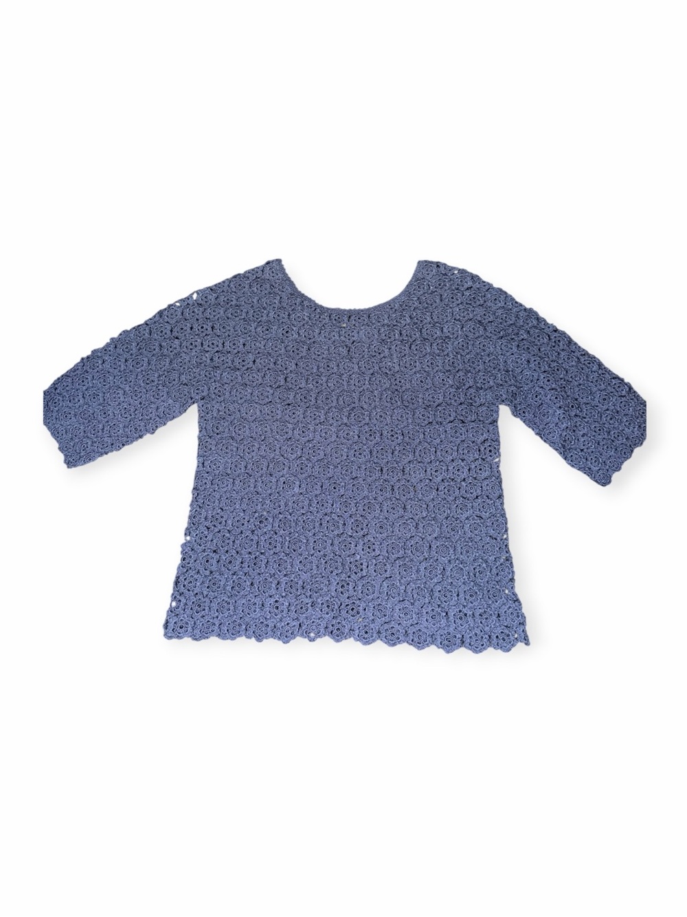 Vintage Periwinkle Blue Open Crochet Floral Rosette Knit Top Size S/M Boho